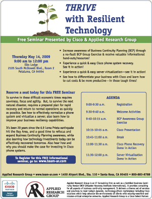 Event flyer for Applied Research Group and Cisco in Petaluma Seminar
