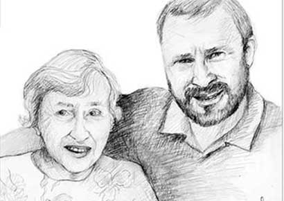 sketch of an older woman and her adult son